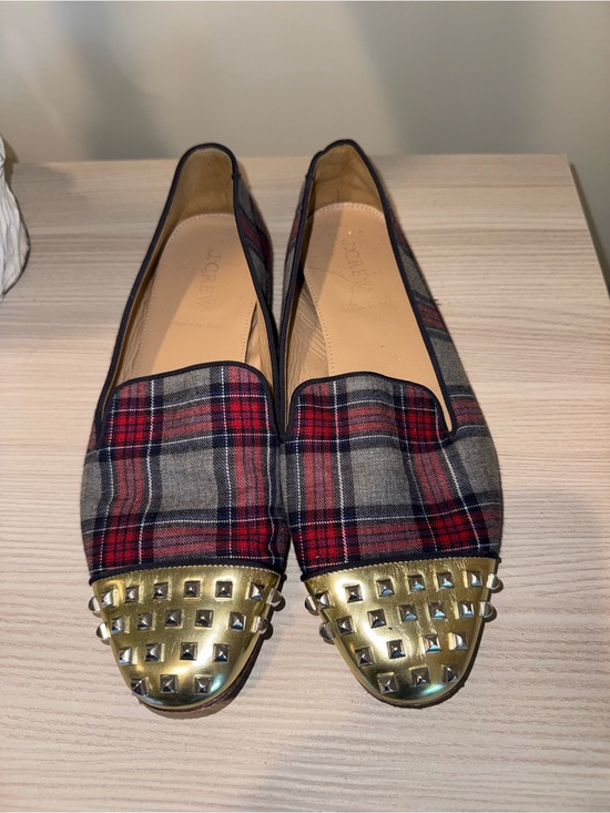 J. Crew Shoes - J. Crew Plaid Studded Cap-Toe Flats - Red, Gray, Gold